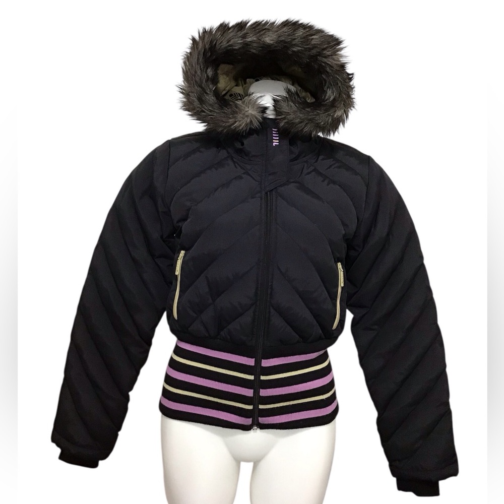 Fila Jacket Black Y2K Puffer Cropped Fur Trim Hood Goose Filled Vintage Size M